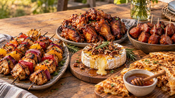Grilled chicken skewers glazed with Big Bear Hot Honey