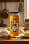 Jar of Big Bear Honey on a wooden table with kitchen background