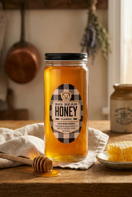 Jar of Big Bear Honey on a wooden table with kitchen background