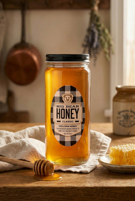 Jar of Big Bear Honey on a wooden table with kitchen background