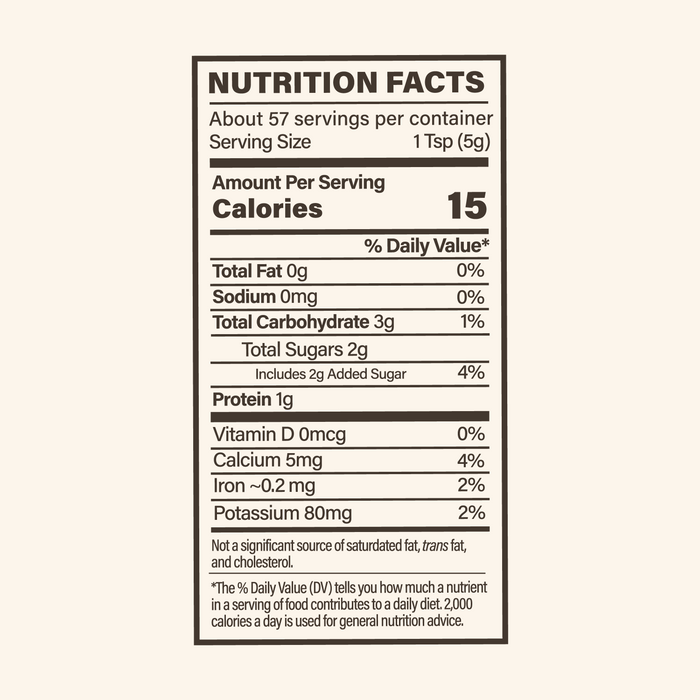 Nutrition facts label for a product with serving size of 1 tsp and 15 calories per serving.