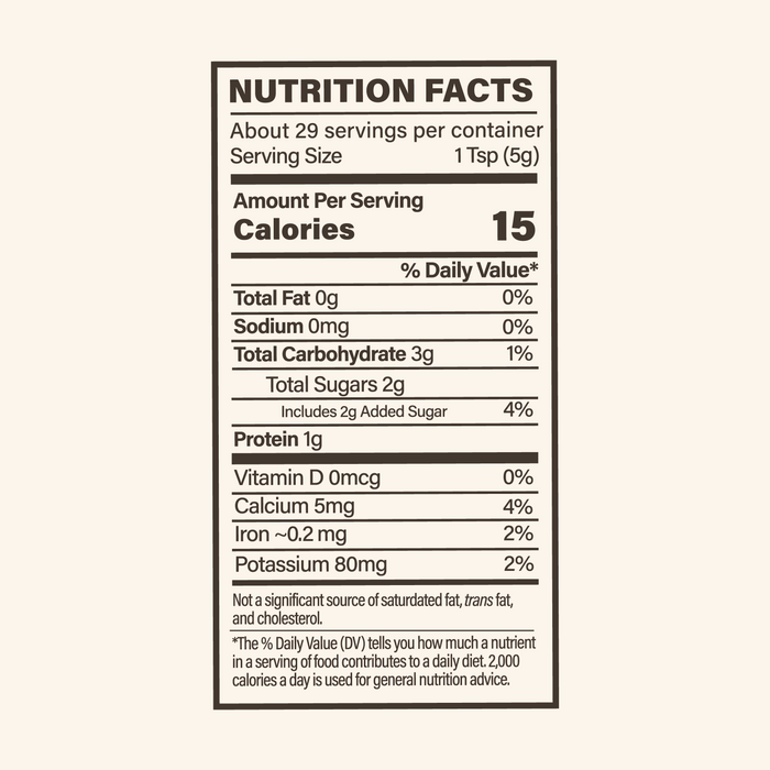 Nutrition facts label for a product with serving size of 1 tsp and 15 calories per serving.