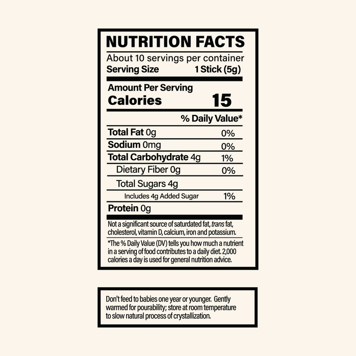Nutrition facts label for a product with serving size, calories, and nutritional content.