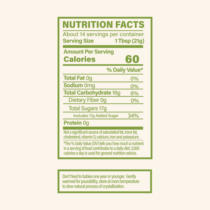 Nutrition facts label for a product with 60 calories per serving on a light green background.