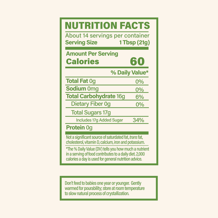 Nutrition facts label for a product with green text on a white background