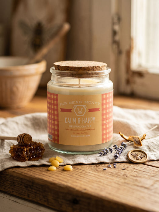 Calm & Happy Candle in a glass jar with a checkered label on a wooden surface with honeycomb and lavender.
