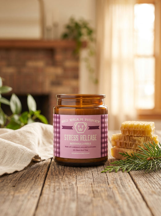 Jar of 'Stress Release' candle on a wooden surface with decorative elements