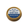 Beard balm container with gold lid and label on a white background