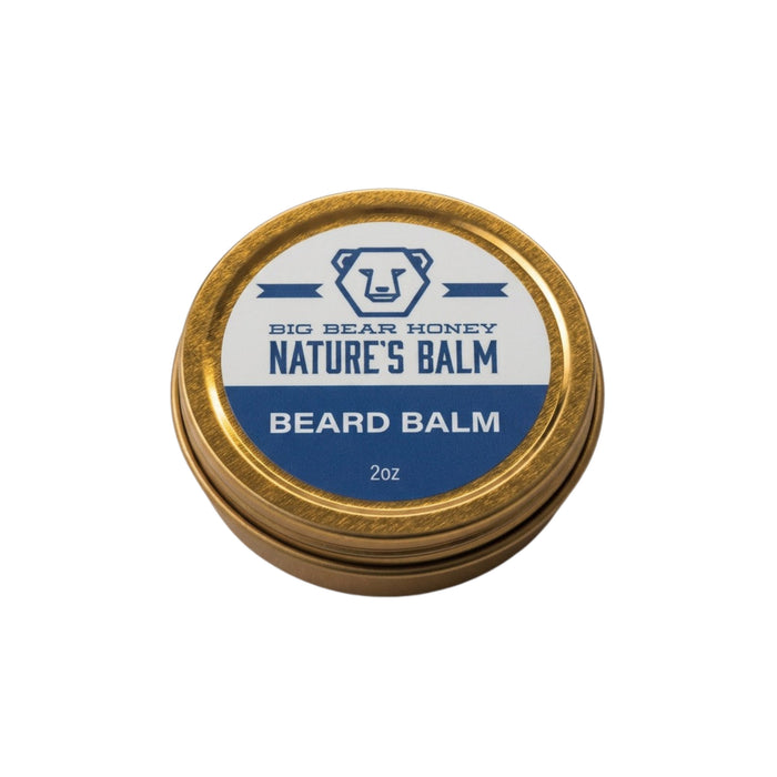 Beard balm container with gold lid and label on a white background