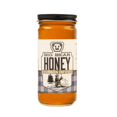 Jar of Big Bear Honey Bourbon Infused on a white background