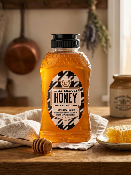 32 oz Bottle of Big Bear Honey on a wooden table with a checkered label