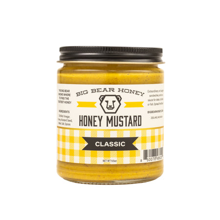 Jar of Big Bear Honey Honey Mustard on a white background