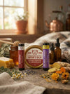 Herbal remedies and natural products on a wooden surface with a warm, homey background.