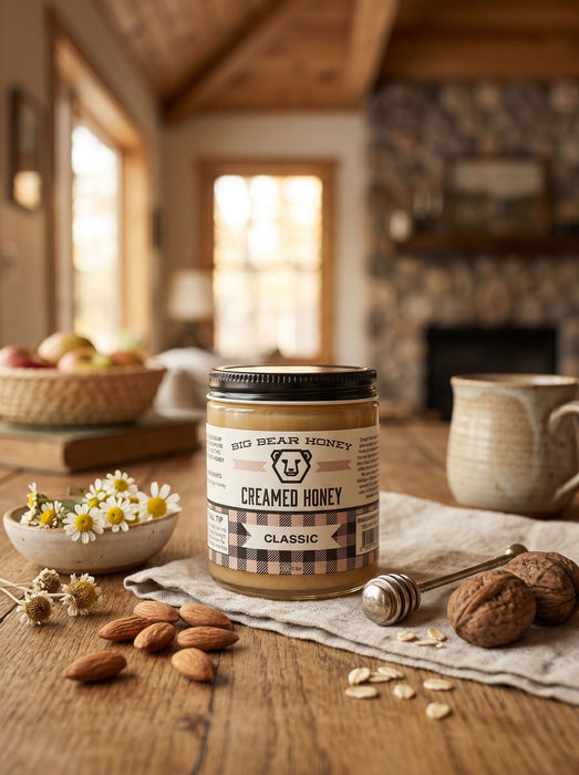Jar of creamed honey on a wooden table with nuts and flowers in a rustic setting