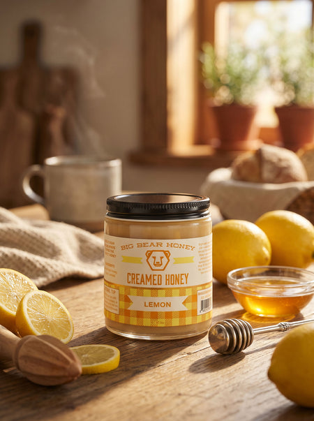 Jar of Big Bear Honey Creamed Honey Lemon on a wooden table with lemons and a cup in the background.