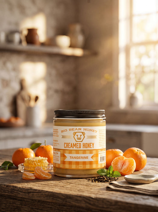 Jar of Big Bear Honey Tangerine Creamed Honey on a wooden table with tangerines in a kitchen setting.