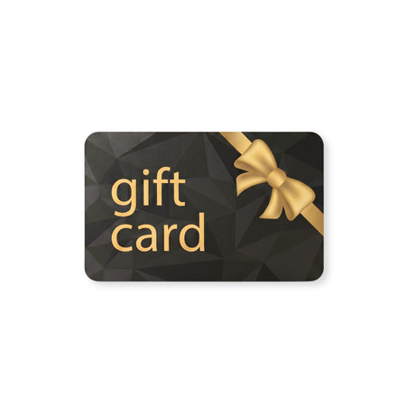 Black gift card with gold text and bow on a white background