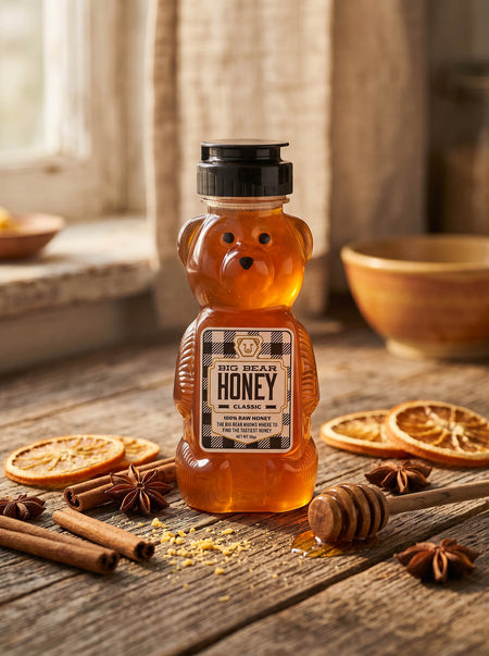 Bear shaped honey bottle on wooden table with honey dipper and spices surrounding it.