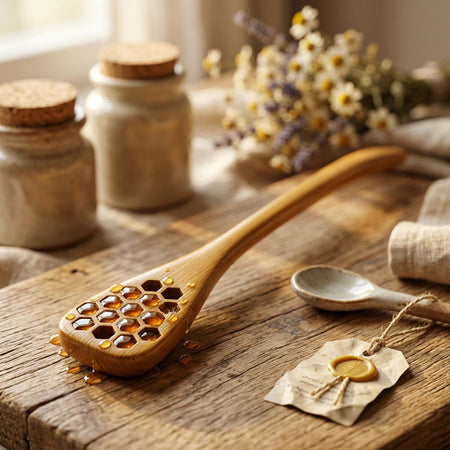 Wooden honey dipper with honeycomb design on a wooden surface with jars and flowers in the background.