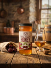 Big Bear Honey Cherry Whiskey bottle on a wooden table with a glass of whiskey and honeycomb.