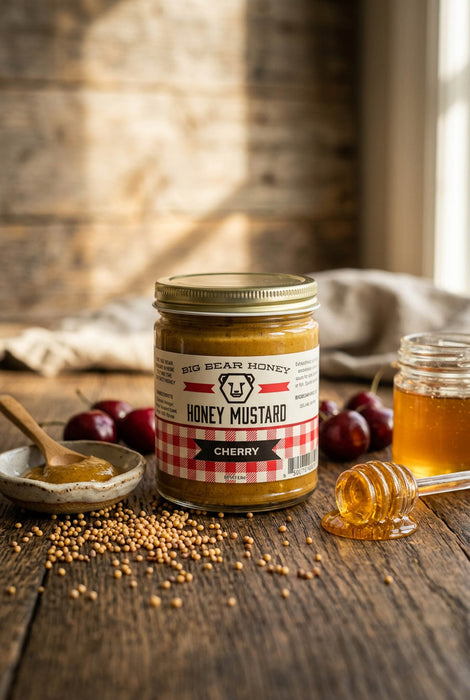 Jar of Honey Mustard with cherry flavor on a wooden table with honey and mustard seeds.