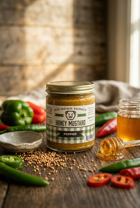 Jar of honey mustard with ingredients on a wooden surface