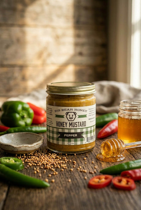 Jar of honey mustard with ingredients on a wooden surface