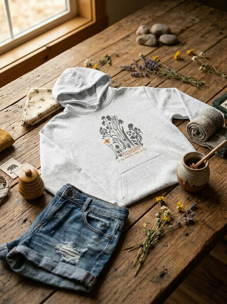 White hoodie with nature-themed design on a wooden surface with denim shorts and dried flowers.