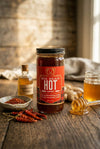 Jar of Big Bear Hot Honey on a wooden table with honey and spices.