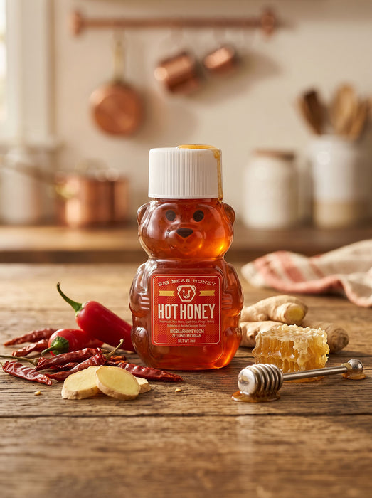 Hot Honey bear-shaped bottle on a wooden surface with spices and honeycomb in a kitchen setting