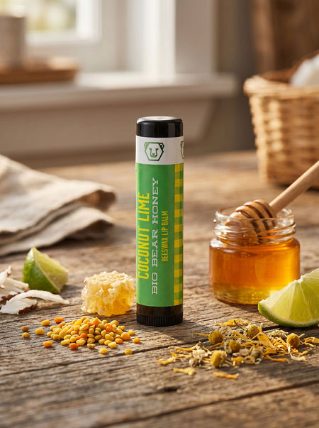 Coconut lime honey lip balm on a wooden surface with honey and lime slices.
