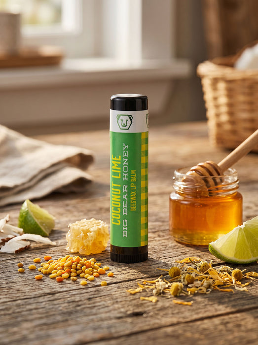 Coconut lime honey lip balm on a wooden surface with honey and lime slices.