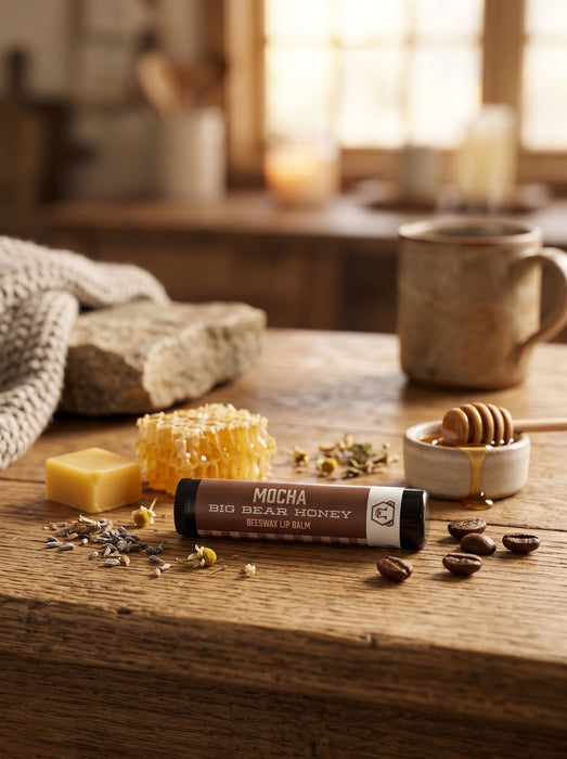 Mocha Big Bear Honey container on a wooden table with honeycomb, coffee beans, and a mug.