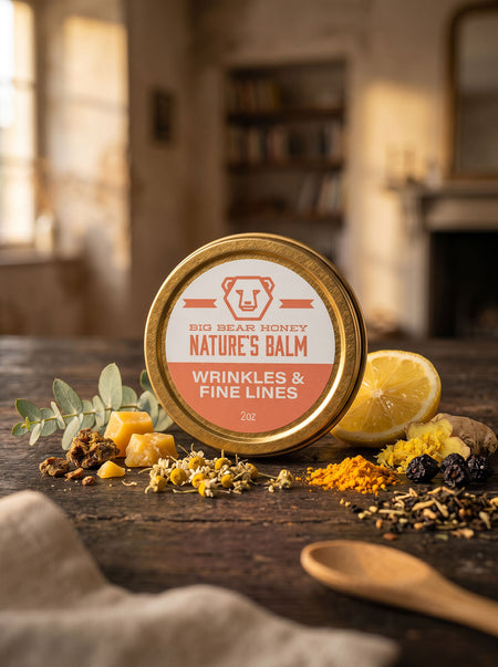 Nature's Balm wrinkles & fine lines  jar with ingredients on a wooden surface