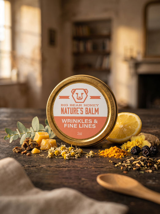 Nature's Balm wrinkles & fine lines  jar with ingredients on a wooden surface