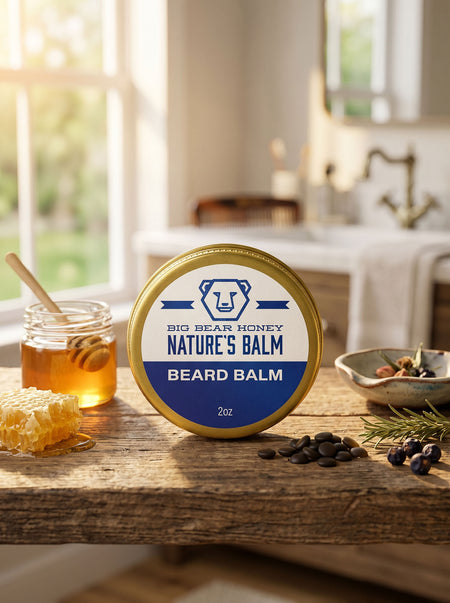 Beard balm container on a wooden surface with natural items, blurred bathroom background