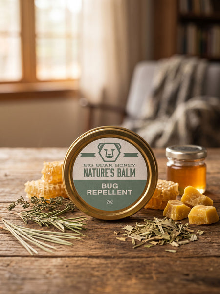 Nature's Balm bug repellent on a wooden table with honeycomb and herbs.