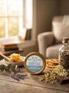 Nature's Balm for colds and congestion on a wooden table with natural elements in a cozy room.