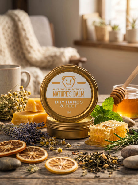 Gold jar of 'Big Bear Honey Nature's Balm' for dry hands and feet on a wooden surface with honeycomb, herbs, and a cup.