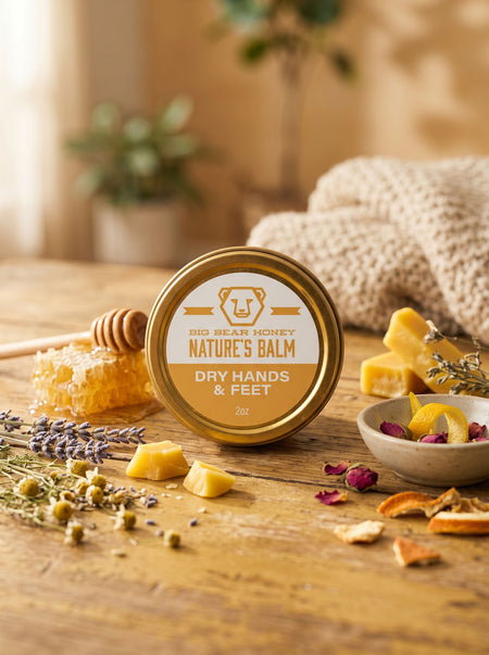 Nature's Balm for dry hands and feet on a wooden surface with honeycomb, lavender, and other natural elements.