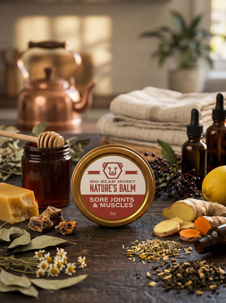 Big Bear Honey Nature's Balm for sore joints and muscles on a wooden surface with honey, lemons, and herbs.