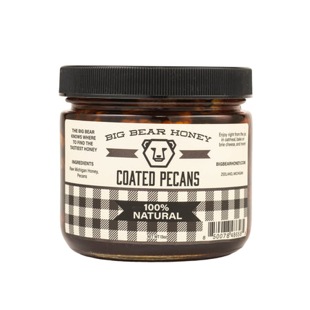 Jar of Big Bear Honey Coated Pecans on a white background