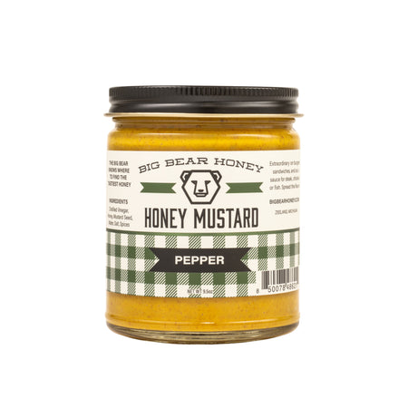 Jar of Big Bear Honey Honey Mustard with a checkered label on a white background