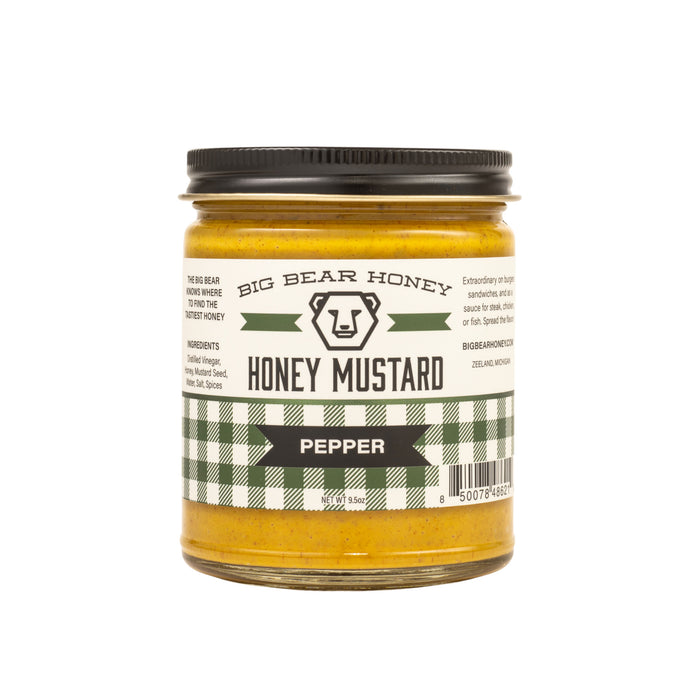 Jar of Big Bear Honey Honey Mustard with a checkered label on a white background