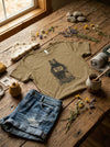 Olive green t-shirt with bear graphic on a wooden surface with denim shorts and natural elements.