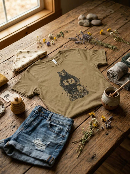Olive green t-shirt with bear graphic on a wooden surface with denim shorts and natural elements.