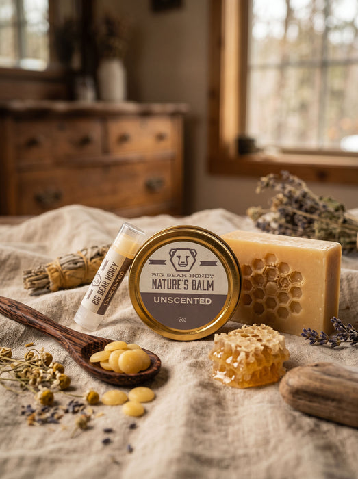 Honey-based skincare products on a rustic wooden surface with natural elements.