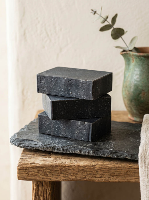 Three black soap bars stacked on a slate tray with a vase in the background.