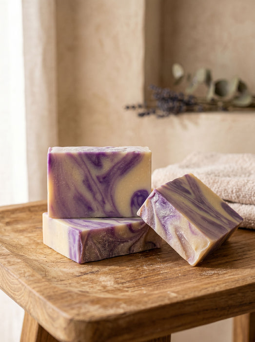 Three bars of purple and white soap on a wooden surface with a blurred background