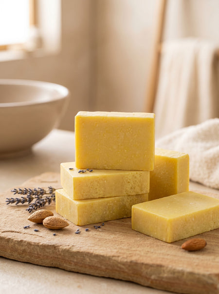 Yellow soap bars on a wooden board with almonds and lavender flowers.